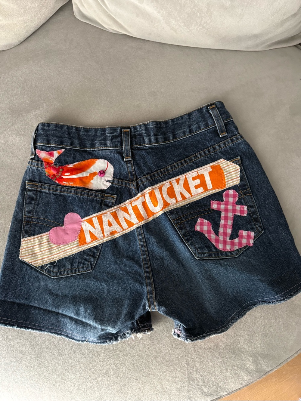 Denim Jean Shorts Nantucket Theme,Cute Patches Size 28, Photos For Measurements